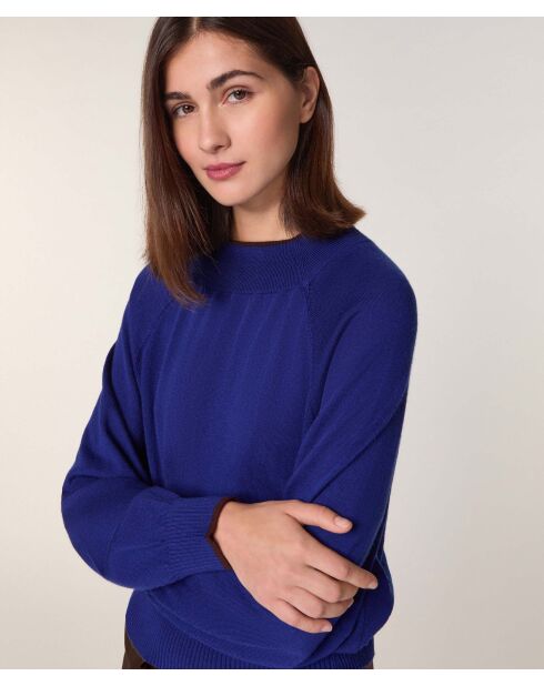 Pull Déborah 100% laine col bicolore bleu océan