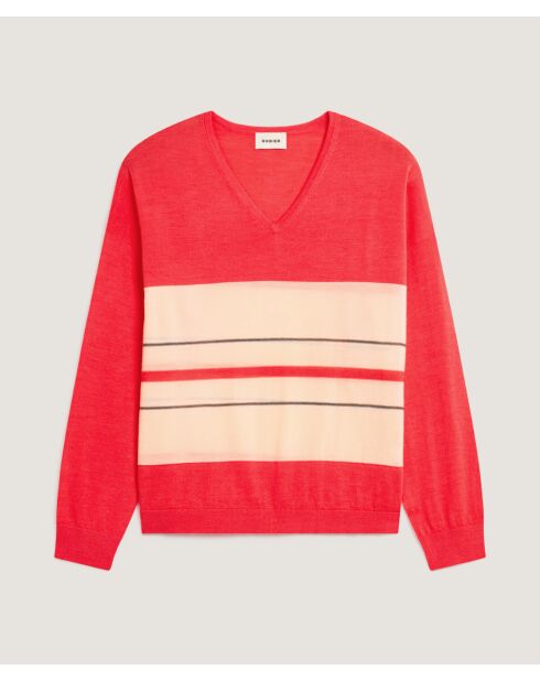 Pull Caecilia 100% Laine col V rayures orange corail