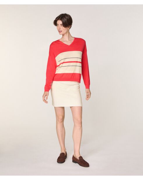 Pull Caecilia 100% Laine col V rayures orange corail