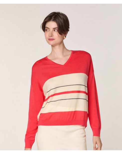 Pull Caecilia 100% Laine col V rayures orange corail