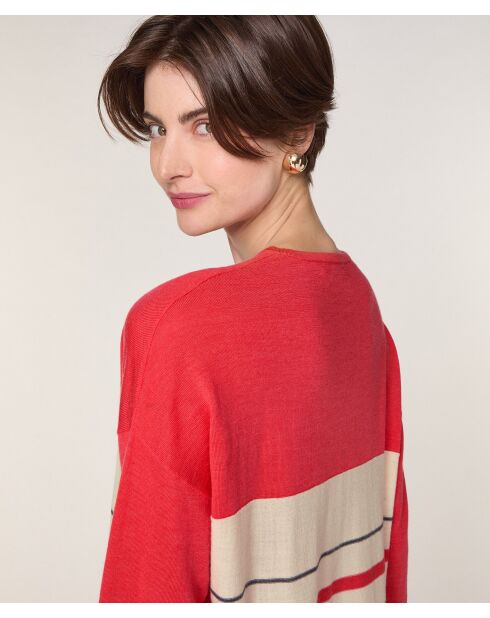 Pull Caecilia 100% Laine col V rayures orange corail