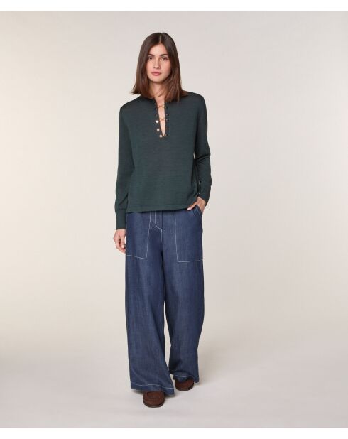 Pull Freyja 100% Laine chaine col V vert de gris