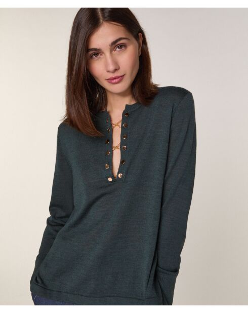 Pull Freyja 100% Laine chaine col V vert de gris