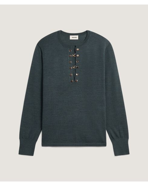 Pull Freyja 100% Laine chaine col V vert de gris