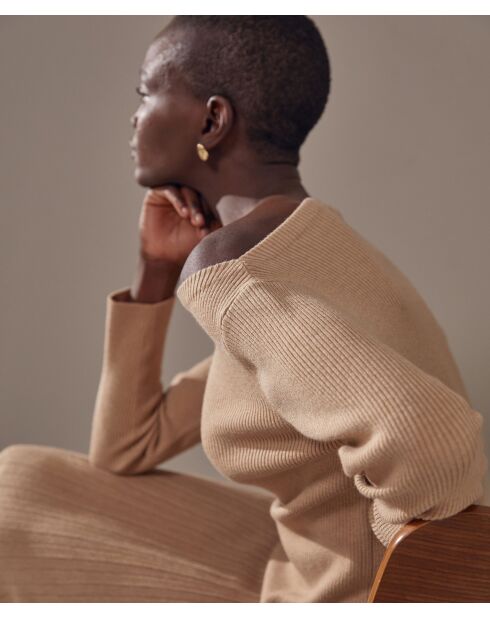 Pull Ezia, col bateau côtelé marron moka