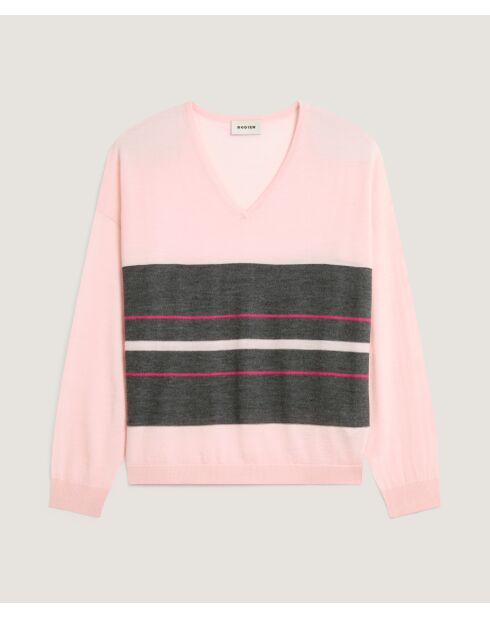 Pull Adélie 100% Laine col V rayures rose perle