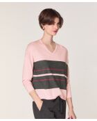 Pull Adélie 100% Laine col V rayures rose perle