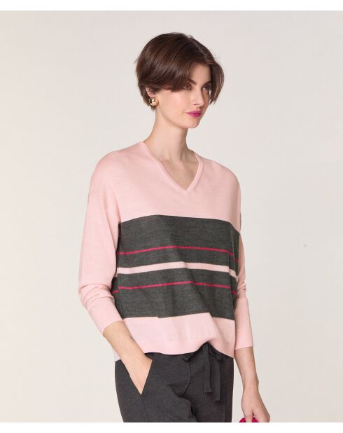 Pull Adélie 100% Laine col V rayures rose perle
