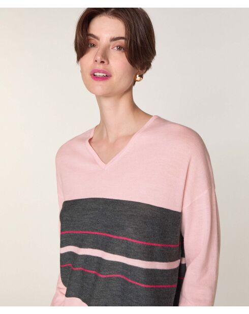 Pull Adélie 100% Laine col V rayures rose perle