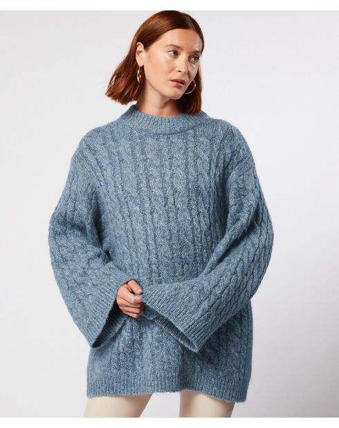 Pull Diane col montant à torsades bleu gris