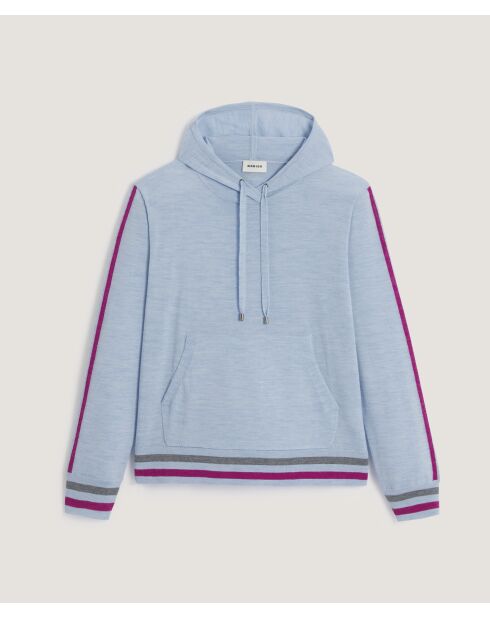 Pull Jocelyne 100% laine capuche tricolore bleu ciel