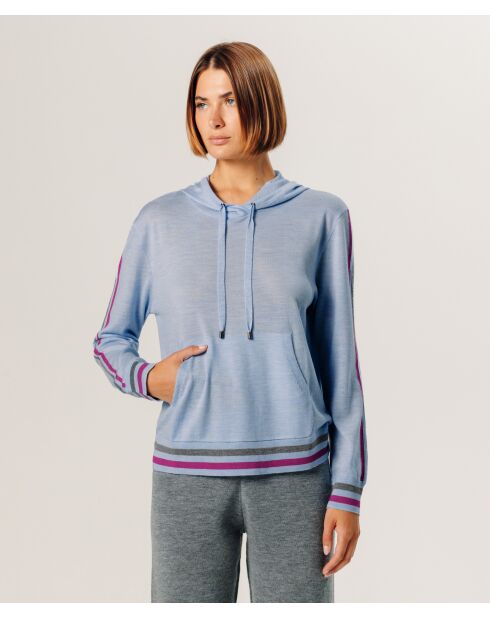 Pull Jocelyne 100% laine capuche tricolore bleu ciel