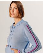 Pull Jocelyne 100% laine capuche tricolore bleu ciel