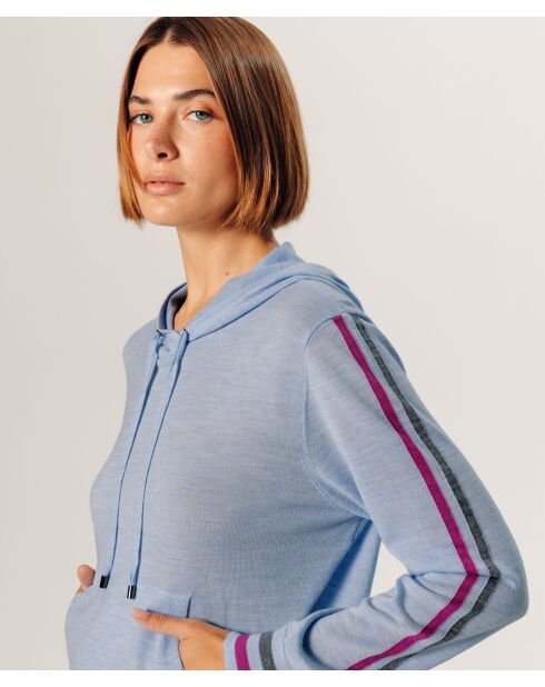 Pull Jocelyne 100% laine capuche tricolore bleu ciel