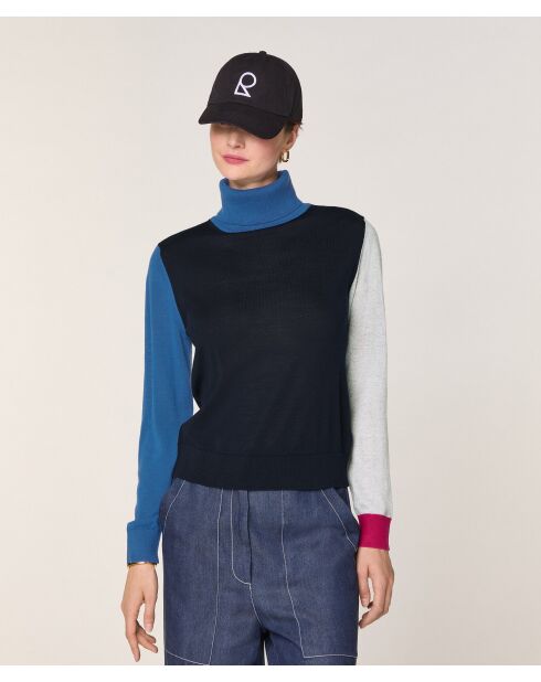 Pull Chloey 100% Laine col roulé multicolore bleu marine