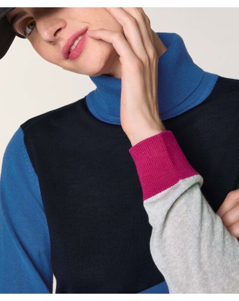 Pull Chloey 100% Laine col roulé multicolore bleu marine