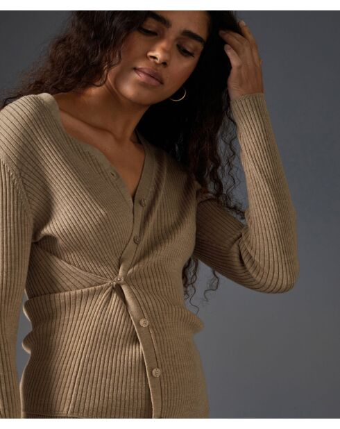 Gilet Alexane 100% laine cache-coeur marron chamois