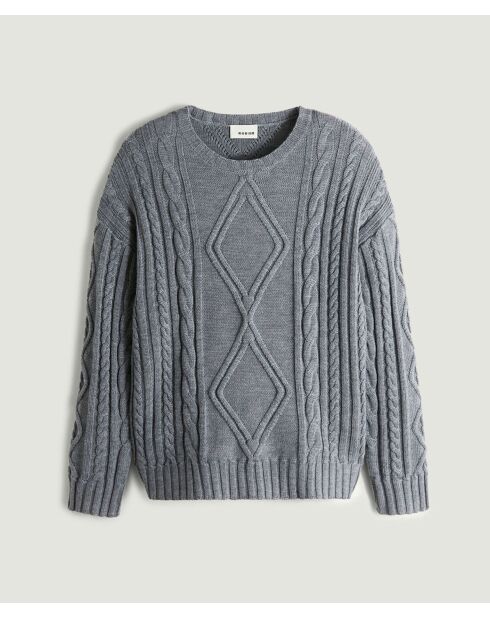 Pull Arlette 100% laine col rond torsades gris