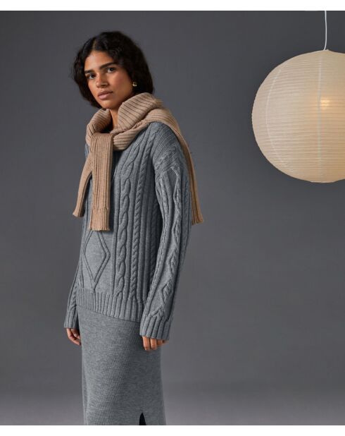 Pull Arlette 100% laine col rond torsades gris