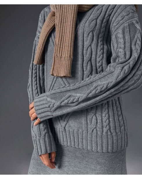 Pull Arlette 100% laine col rond torsades gris