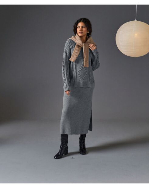Pull Arlette 100% laine col rond torsades gris