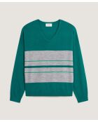 Pull Anne-Élodie 100% Laine col V rayures vert canard