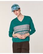 Pull Anne-Élodie 100% Laine col V rayures vert canard