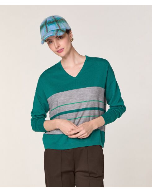 Pull Anne-Élodie 100% Laine col V rayures vert canard