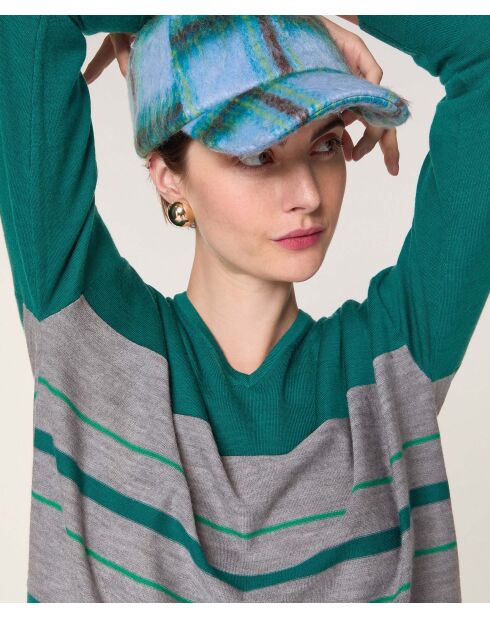 Pull Anne-Élodie 100% Laine col V rayures vert canard