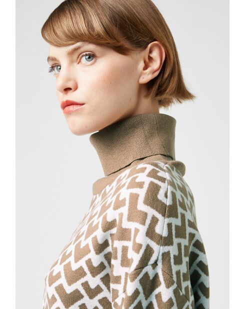 Pull Pilar court jacquard col roulé marron camel