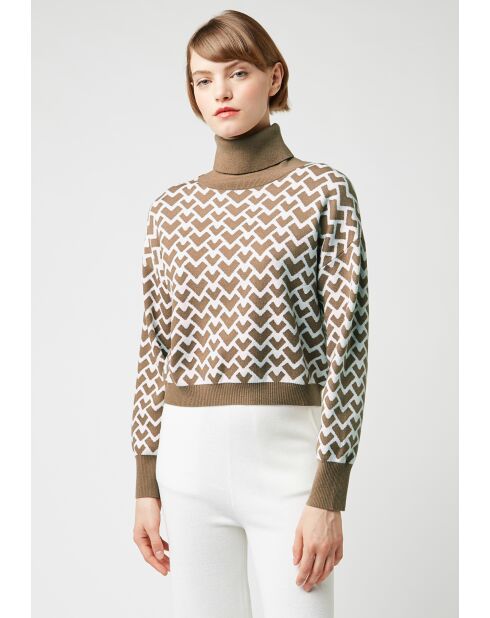 Pull Pilar court jacquard col roulé marron camel