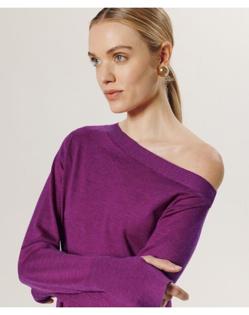 Pull Mauricette 100% laine épaule nue asymétrique rose fuchsia