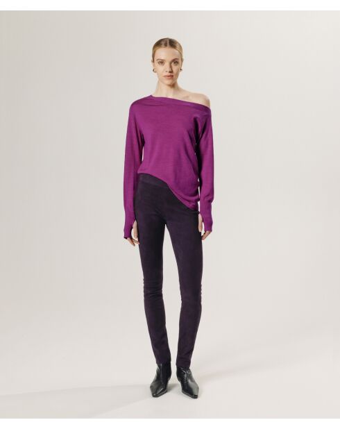 Pull Mauricette 100% laine épaule nue asymétrique rose fuchsia