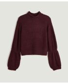 Pull Plume col manches bouffantes rouge bordeaux