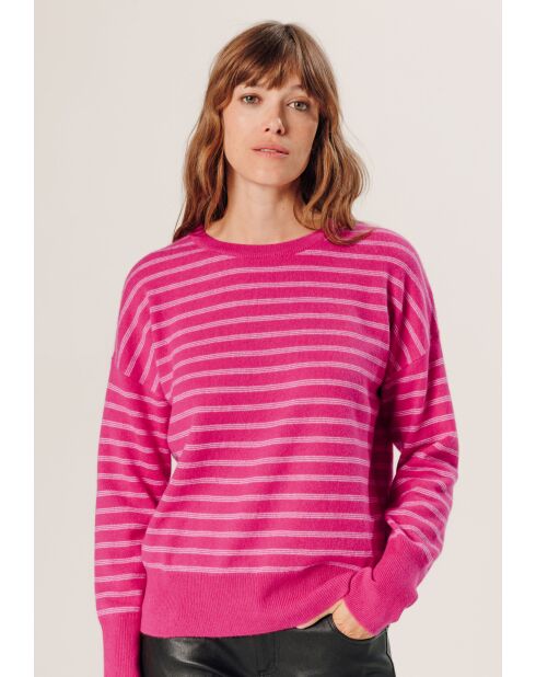 Pull Aliénor 100% Cachemire col rond rayé rose tonique