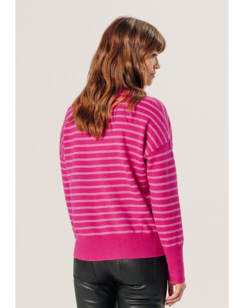 Pull Aliénor 100% Cachemire col rond rayé rose tonique
