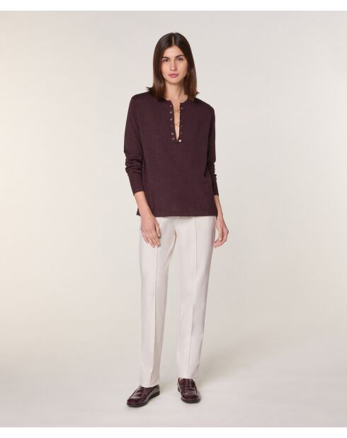 Pull Aymone 100% Laine chaine col V marron foncé