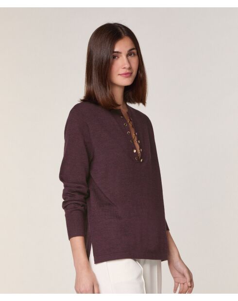 Pull Aymone 100% Laine chaine col V marron foncé