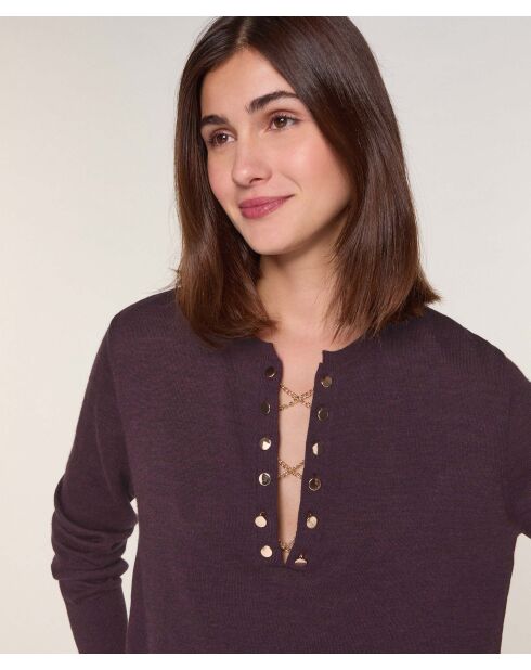 Pull Aymone 100% Laine chaine col V marron foncé