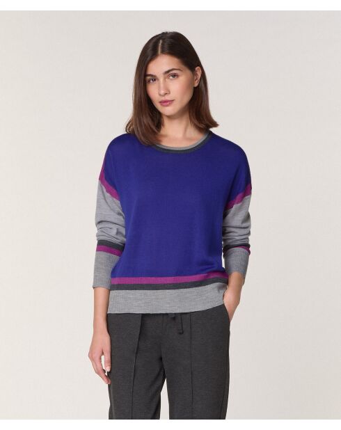 Pull Nattie 100% laine col rond géométrique bleu outremer