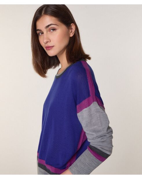 Pull Nattie 100% laine col rond géométrique bleu outremer