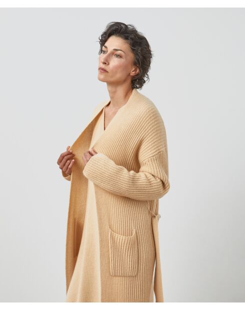 Manteau Lily-Rose long 100% Cachemire ceinture beige chiné
