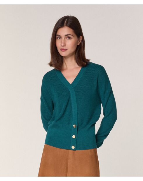 Gilet Carmen 100% laine cache-coeur boutons bleu pétrole