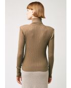 Pull Chantal-Marie col roulé motifs épaules marron camel