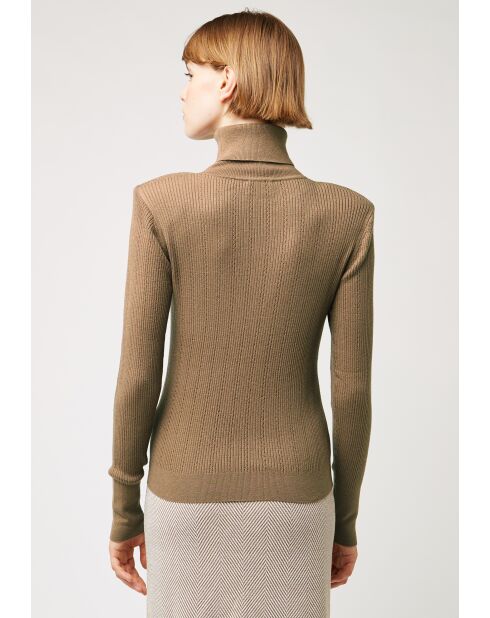 Pull Chantal-Marie col roulé motifs épaules marron camel