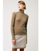 Pull Chantal-Marie col roulé motifs épaules marron camel