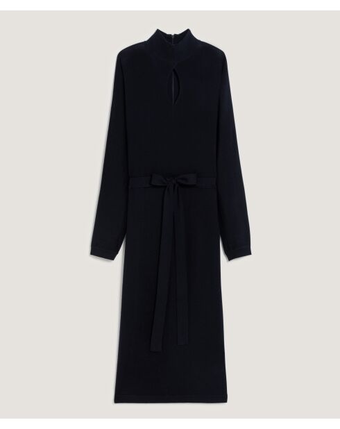 Robe longue Gwenaëlle 100% laine ceinture bleu marine