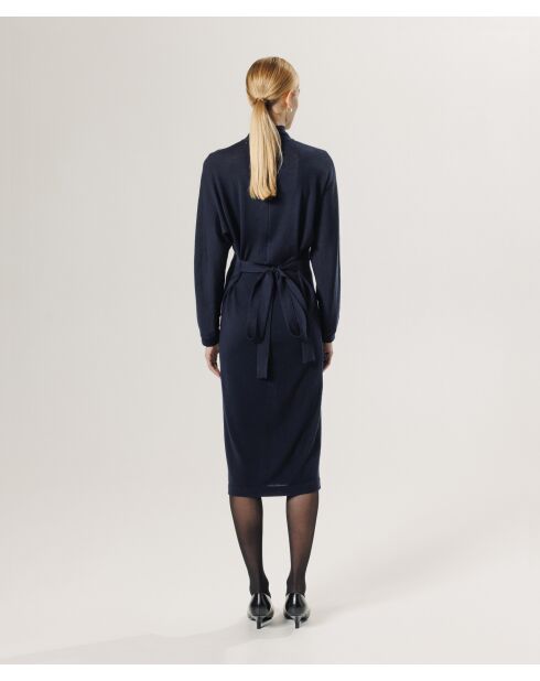 Robe longue Gwenaëlle 100% laine ceinture bleu marine