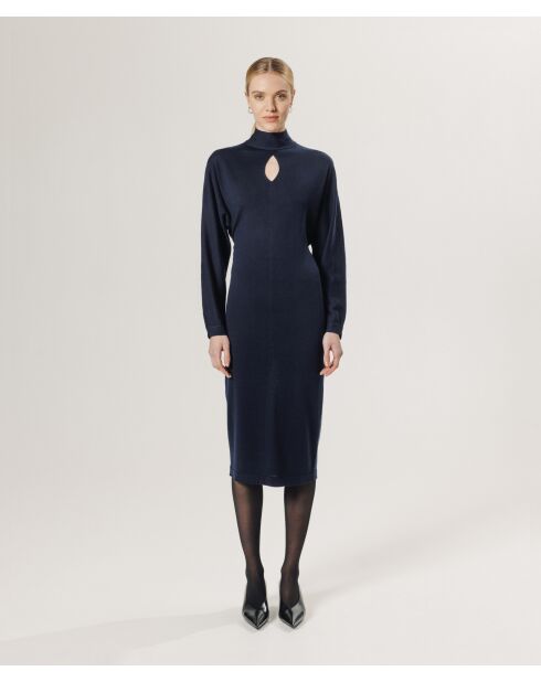 Robe longue Gwenaëlle 100% laine ceinture bleu marine