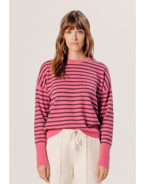 Pull Aliénor 100% Cachemire col rond, rayé orange corail